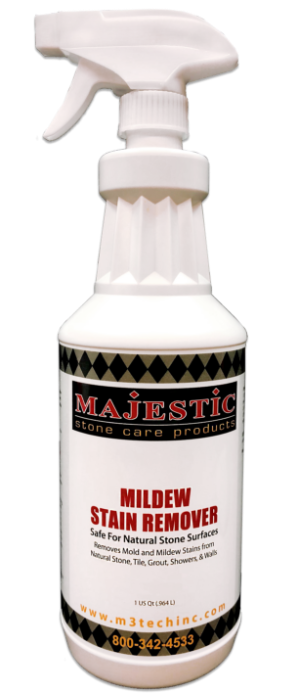Mildew Stain Remover mold, mildew, stain, stains, remover, remove, removal, stone, marble, travertine, limestone, slate, granite, quartz, tile, grout, surfaces, surface, professional, strength, conditioning, deodorizer, hard, walls, shower, showers, stall, wall, bath, bathroom, care, products, homeowner, stonecare, stone care, majestic, m3 technologies, best, 